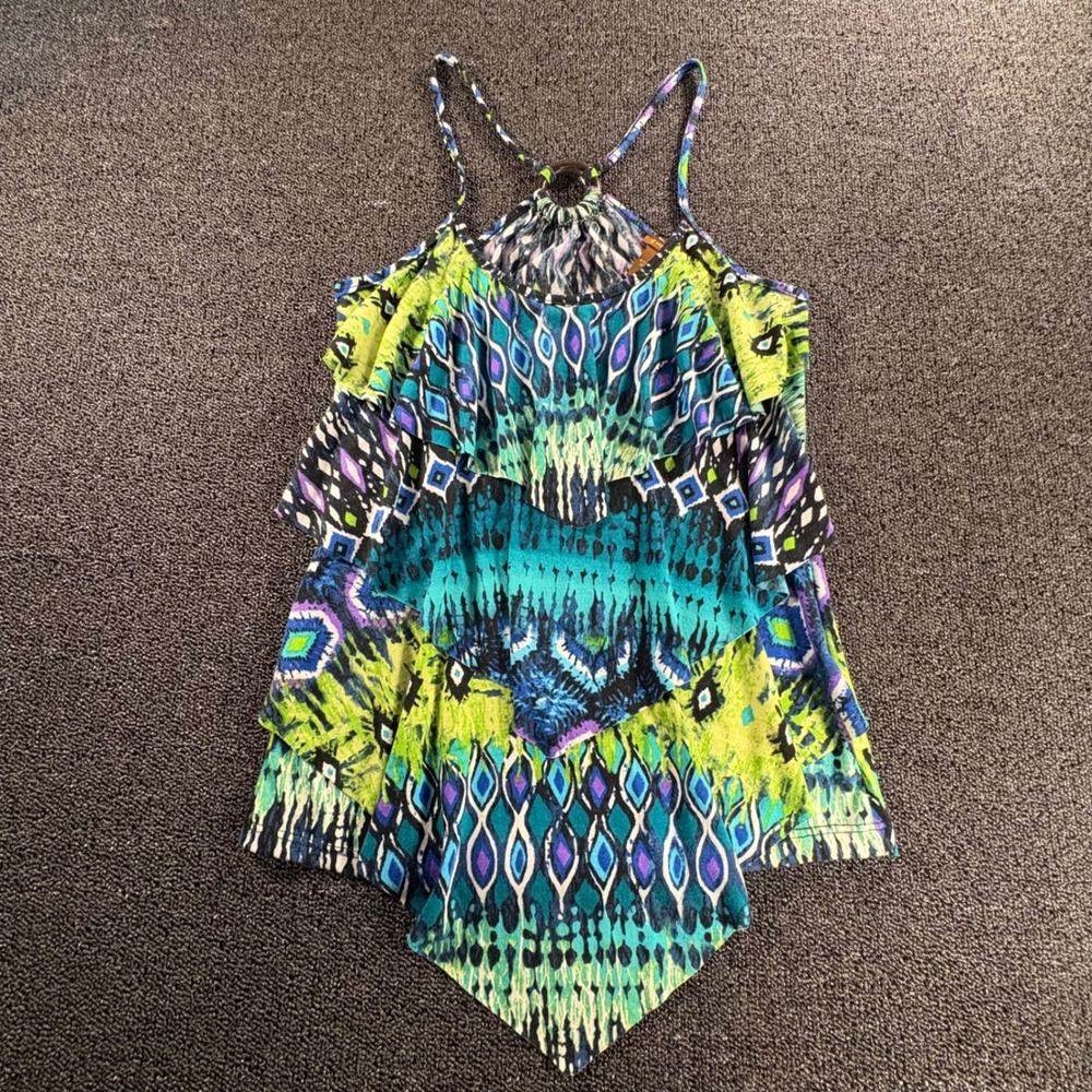 Copper Key Peacock Ikat Ruffle Tank Top Womens S Teal Green Purple Boho O-Ring